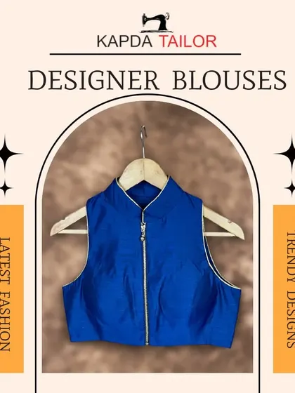Latest fashion, trendy designs. This graphic features a stylish royal blue sleeveless blouse with a high neck and front zipper.