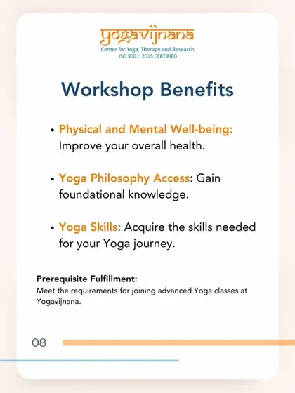 This graphic highlights the key benefits of our Fundamentals of Yoga Workshop. You will gain access to foundational yoga philosophy, acquire essential skills, and improve your overall physical and mental well-being.