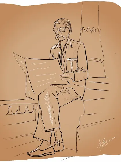 A quick digital sketch capturing a classic 'halli baalu' (village life) scene of a man reading a newspaper.