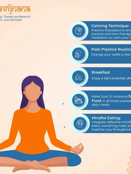 The post-practice routine is just as important. We recommend calming techniques like Savasana, a light breakfast, and mindful eating throughout the day.