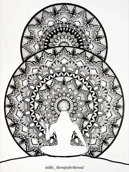 A custom black and white mandala featuring the silhouette of a meditating Shiva. The dual mandalas behind the figure create a powerful aura of spiritual energy.