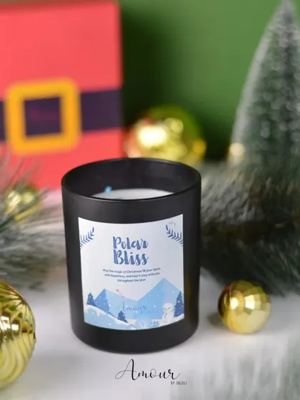 The 'Polar Bliss' jar candle, designed to evoke a winter wonderland with its cool blue label and comforting vanilla scent.