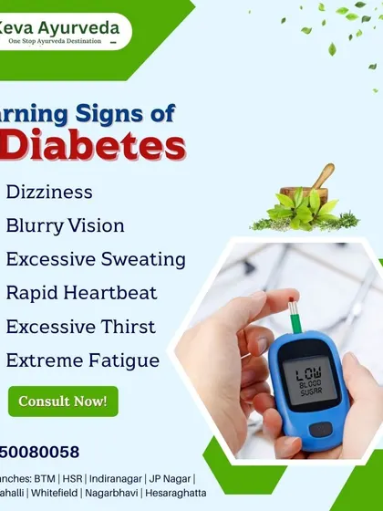Recognizing the warning signs of diabetes is the first step toward management. This graphic highlights key symptoms like dizziness, excessive thirst, and fatigue. My Ayurvedic care program focuses on stabilizing blood sugar and improving overall well-being.