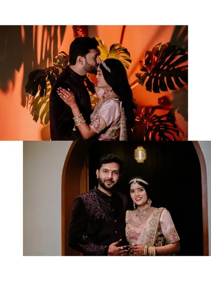 A collage combining a romantic kiss on the forehead with a classic portrait.