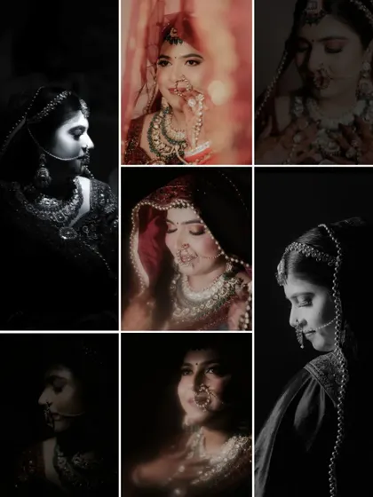 A collage of the bride, Simran, showcasing a variety of artistic and moody portraits in both color and black and white.