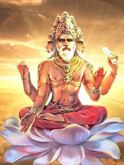 Lord Brahma, the creator, was born from a lotus that grew from Lord Vishnu's navel. His four heads represent the four Vedas and the four cardinal directions.