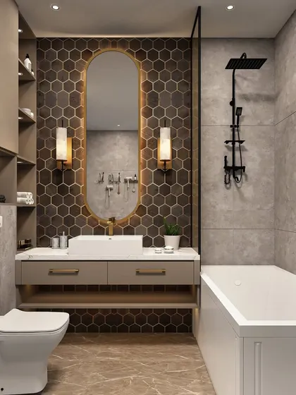Turn your daily routine into a spa-like experience. This modern bathroom design features a honeycomb tile accent wall, a sleek vanity, and matte black fixtures for a stylish and functional space.
