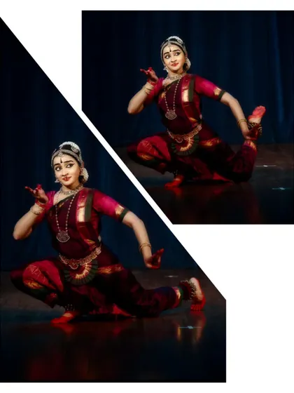 Two distinct moments from a performance at Aikyam 2024, showing the versatility of movement within a single piece. Each pose and gesture is carefully crafted to align with the music and narrative.