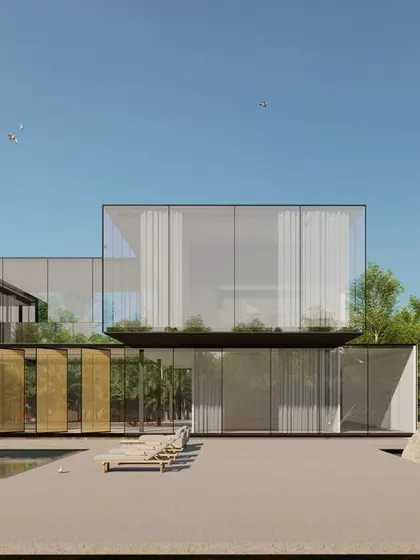 The design of this farmhouse is composed of simple, intersecting glass boxes. The structure is elevated, creating a covered outdoor living space and a pool deck that feel both sheltered and completely open to the surrounding landscape.