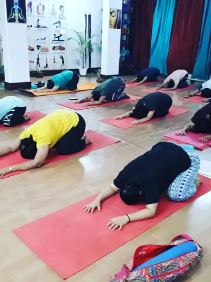The class rests in Shashankasana (Hare Pose), a calming posture often used to counter backbends and quiet the mind. Rest and recovery are integral parts of our teaching methodology.
