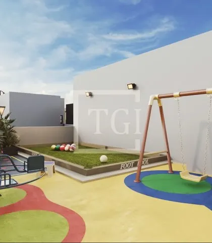 A proposed design for a multifunctional rooftop in Mumbai. This concept includes a dedicated kids' play area with a swing set and see-saw, alongside a mini-golf patch for family fun.