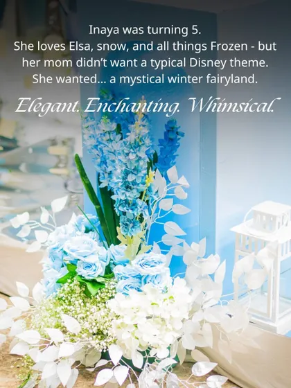 The initial concept for the Mystic Wonderland party: a beautiful floral arrangement in shades of blue and white, capturing the elegant and enchanting "Frozen" vibe the client desired.
