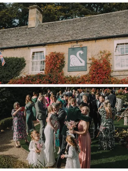 A collage showing the historic Swan Hotel venue and the happy mingling of guests at the Bibury wedding.