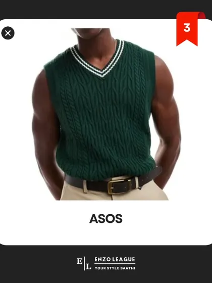 This classic green V-neck vest from ASOS has a preppy, timeless appeal. The cable-knit texture adds visual interest and warmth, making it a smart layering choice over a collared shirt.