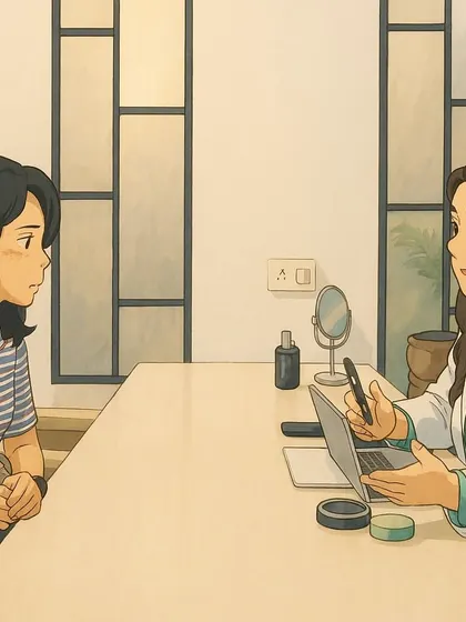 This beautiful illustration captures the essence of our consultations. It's a calm, focused conversation where we listen to your concerns and work together to find the best solution for your skin.