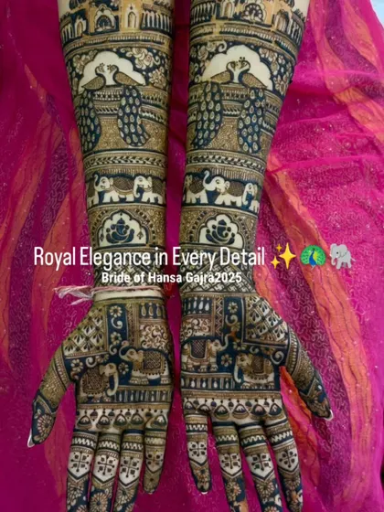 Royal elegance in every detail. This design is a masterpiece of traditional art, featuring majestic elephants on the palms and graceful peacocks on the arms, creating a look of pure grandeur.