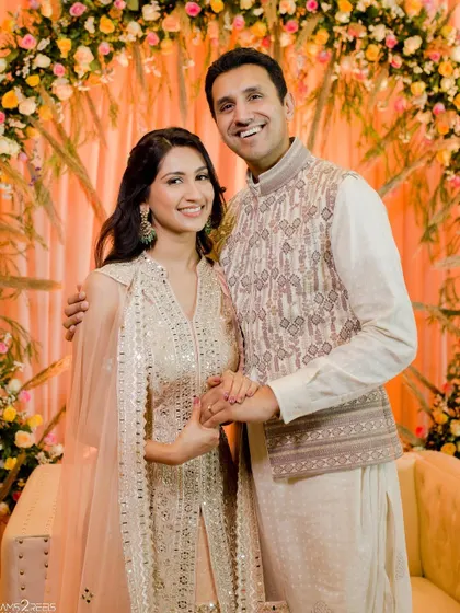 A lovely couple portrait from a Roka ceremony. The bride's subtle glam makeup and pastel outfit are perfect for this intimate family event.