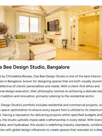 This screenshot highlights Cee Bee Design Studio's profile in NOVATR's list of top Bangalore firms. It notes my focus on people-centric spaces and impeccable craftsmanship, which are the cornerstones of my practice.