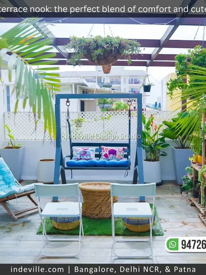 This is how I create a perfect terrace escape. This cozy nook features a comfortable swing under a pergola, surrounded by lush plants, making it an ideal spot to relax and unwind from the city's hustle.