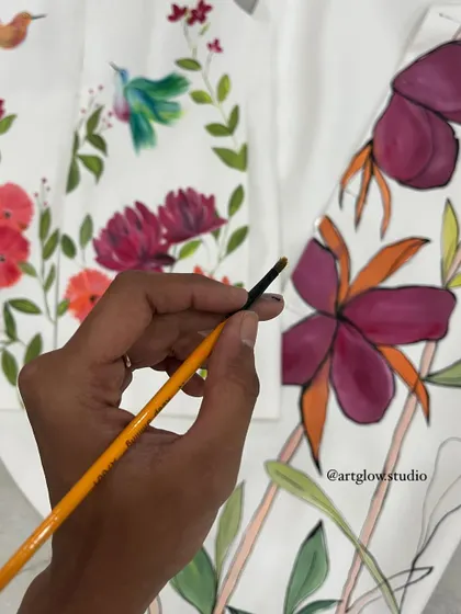 I had so much fun painting these florals. This image shows two different floral patterns side-by-side, one with hummingbirds and another with larger, abstract blossoms.