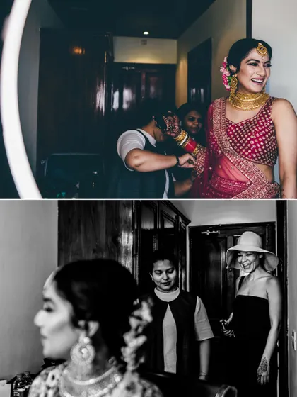 Candid moments from the bridal suite, showing the bride laughing with her makeup artist and friends. It's all about the fun behind the scenes.
