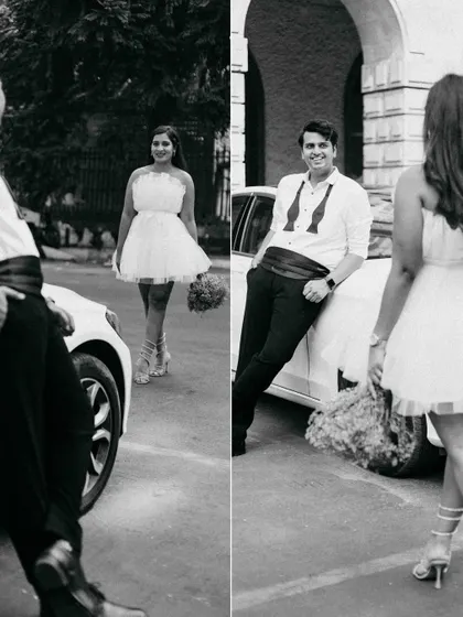 A diptych showing a playful interaction between the couple. This format tells a mini-story of her approaching him, capturing both his anticipation and her joyful arrival.