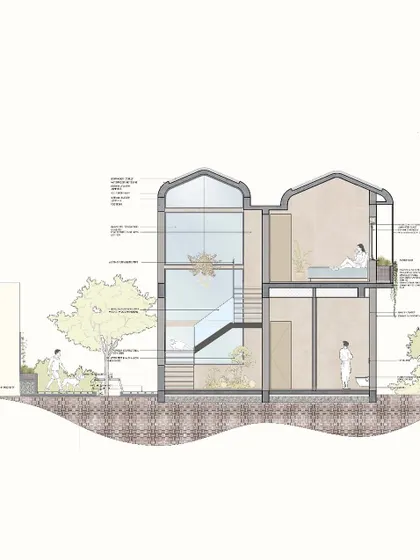 This spot section drawing for the Vagator Villas project reveals the internal structure and spatial relationships. It is a tool we use to study and communicate how smaller design elements come together to form a cohesive architectural narrative.
