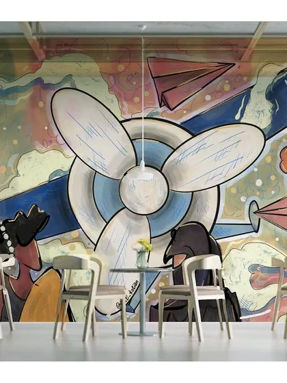 A mockup of how my "Udaan" mural design would look in a cafe space.