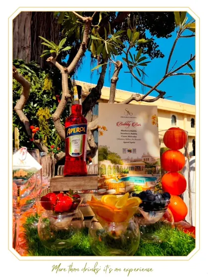 Our Aperol Spritz & Bubbly Bar set against a beautiful outdoor backdrop. The setup includes fresh fruit garnishes, allowing guests to customize their sparkling cocktails.