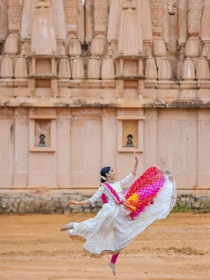Another powerful leap, showcasing the energy and control required in Kathak. This form of dance is a beautiful balance of strength and grace.