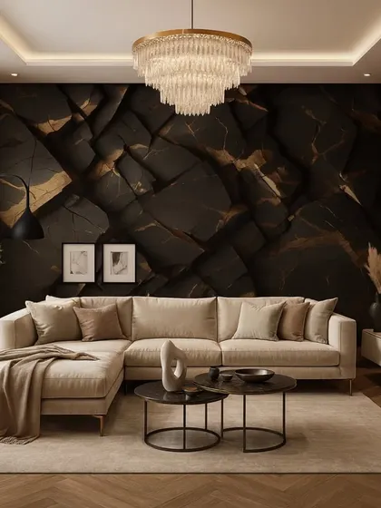 A dark and dramatic 3D wallpaper with a fractured stone effect in black and gold. This design is perfect for creating a moody and luxurious atmosphere.