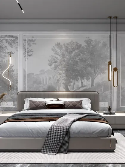 A full view of the bedroom with the tree mural, showcasing the serene and elegant design. The neutral color palette, combined with soft textiles and marble flooring, creates a peaceful and luxurious sanctuary.