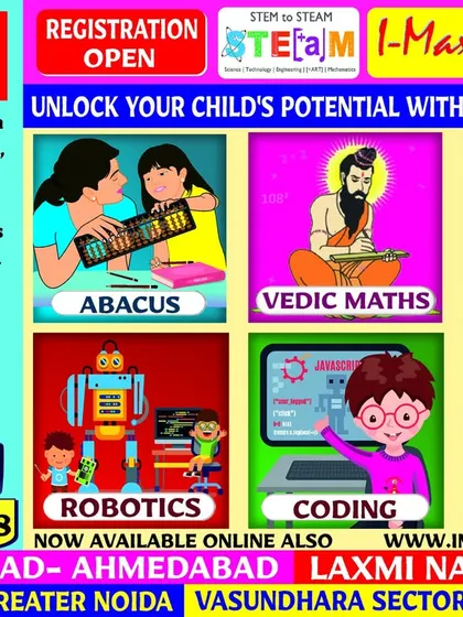 An I-Max Academy flyer detailing our diverse course offerings and listing our center locations in Ahmedabad, Delhi, Greater Noida, and Ghaziabad.