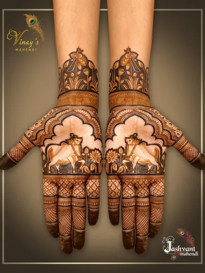 A beautiful symmetrical design featuring holy cows on the palms, surrounded by sunflowers. The forearms are adorned with a delicate floral border.