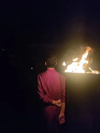 Standing by the sacred fire during the Linga Bhairavi Yantra Ceremony. The fire element purifies and energizes the space and everyone present.