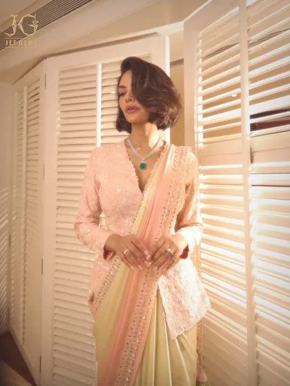 The full look, showcasing how a single statement piece like our emerald pendant necklace can elevate an entire ensemble with its grace and colour.