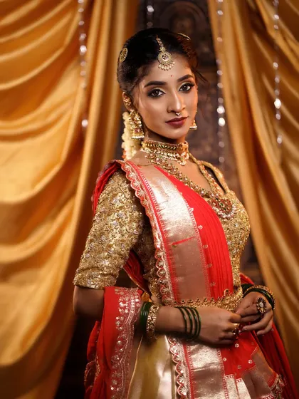 A complete bridal look featuring a classic hairstyle that complements the beautiful gold and red Kanjivaram saree. The hair is styled in a simple, elegant updo at the front with a traditional braid, allowing the statement jewelry and makeup to shine.