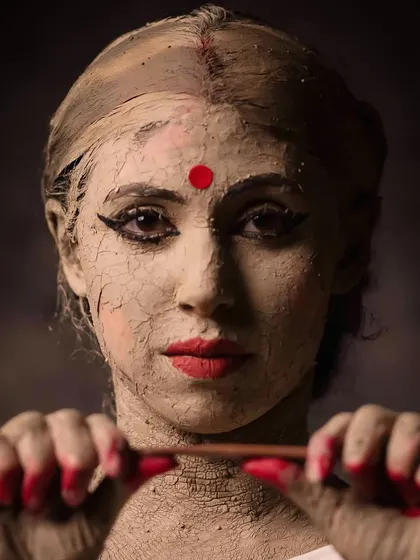 The second stage involves smoothing the cracks with a finer clay. This portrait, with its cracked clay texture, questions the societal expectation for women to be flawless, unlike the smooth finish of the idol.