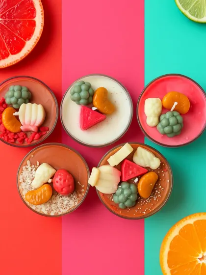 A vibrant flat-lay of my Scented Tealight Tartlets. Each one is decorated with tiny, adorable wax fruits and filled with a refreshing fruity aroma to brighten up any corner of your home.