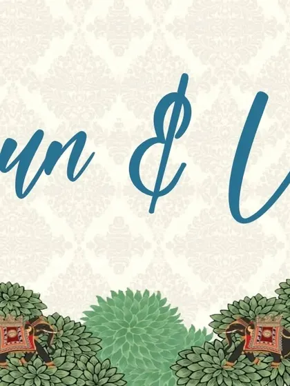 A custom digital graphic designed for Rohun and Varuni's wedding. The design features elegant script and traditional Indian motifs like decorated elephants, perfect for invitations or welcome signs.