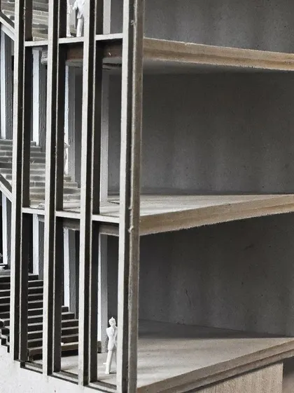 A detailed sectional model, showing the interior spaces and the facade grid. These handmade models are a playground for experimentation, where concepts are refined through touch and feel.