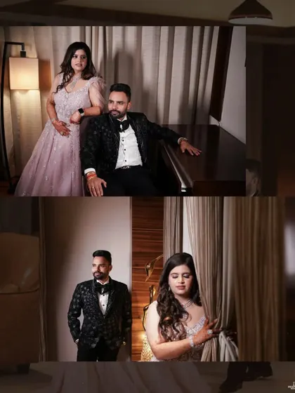 A collage of posed portraits from the engagement night, showcasing the couple's style and the sophisticated indoor setting.