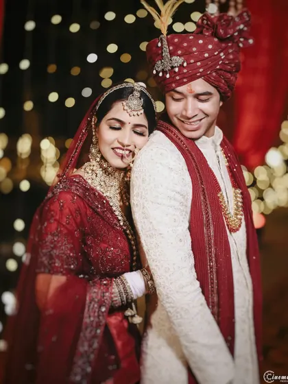 A tender moment between the bride and groom after the ceremony. The bride rests her head on his shoulder, a quiet moment of comfort and love.