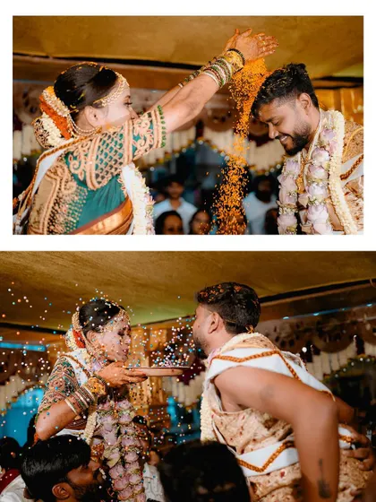 A collage of fun and playful moments from the wedding ceremony, including the showering of rice and flowers.