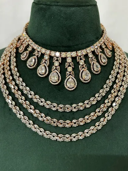 A close-up of a multi-layered American diamond necklace. The different layers add depth and sparkle to this beautiful rental set.