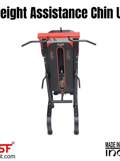 A rear view of the Weight Assistance Chin-Up machine, showing the guided track and weight stack.