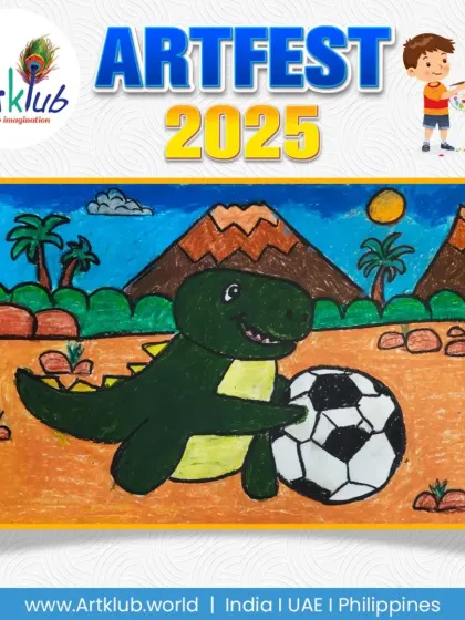 A happy dinosaur with a soccer ball in a prehistoric landscape, from our junior division.