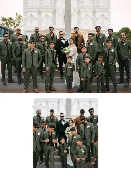 The groom and his groomsmen, all in matching olive green suits, pose for a stylish group photo. This image captures their unity and sharp sense of style.