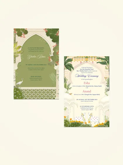 Two festive invitation cards designed for a wedding in Vadodara, Gujarat. I incorporated Pichhwai and other traditional elements, marrying them with details from the event decor to create a cohesive and culturally rich design.