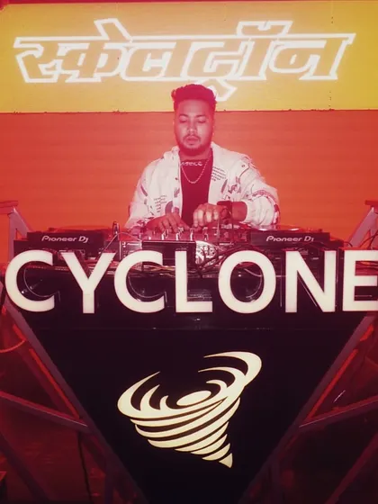 A full view of my console setup at Cyclone, with the club's unique branding.